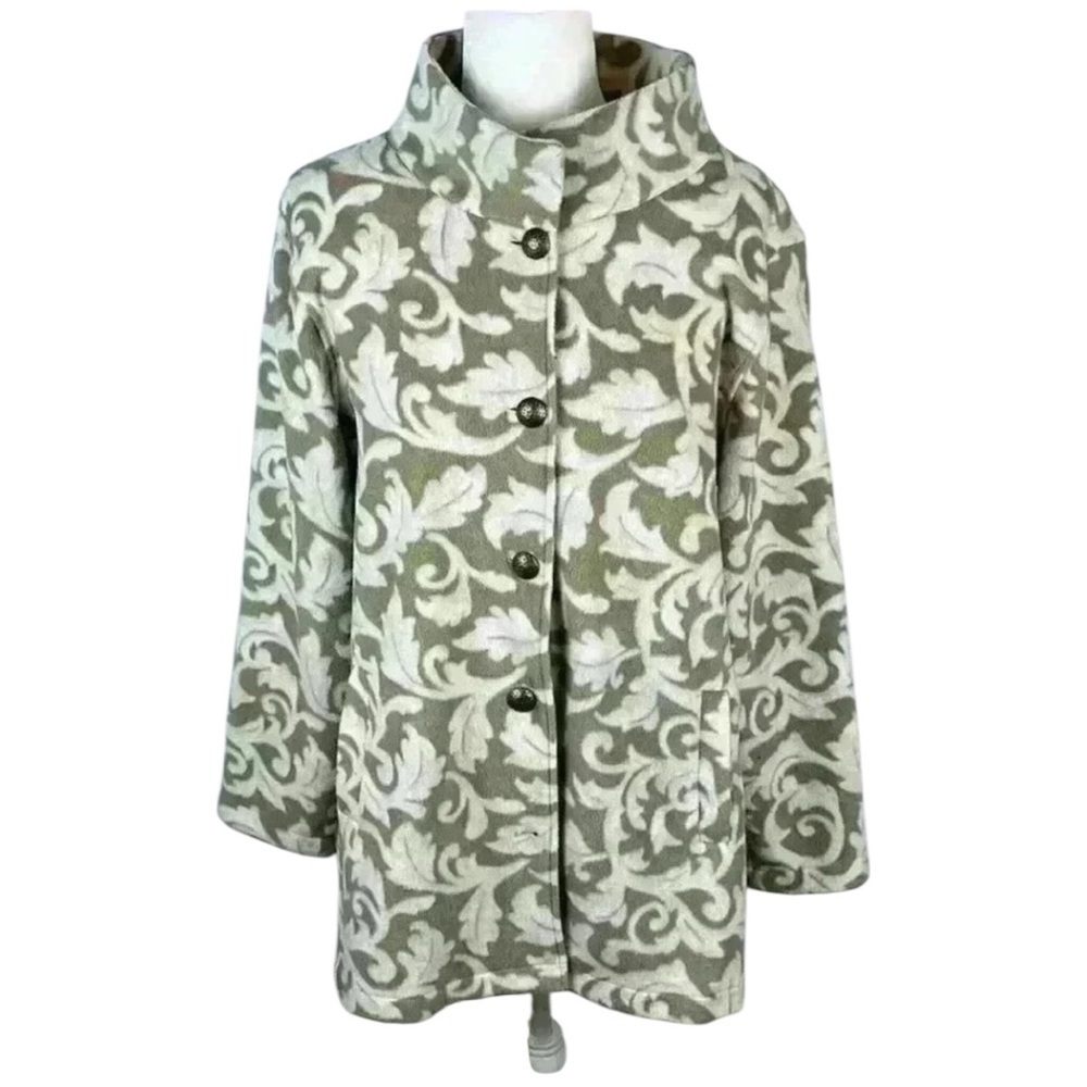 Susan Graver Women's White/Tan Floral Printed Fleece Button-Front Jacket Size L